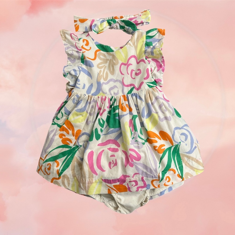 Baby Gap Girls Floral Cotton 12-18 Months Dress, Matching Headband & Bloomers